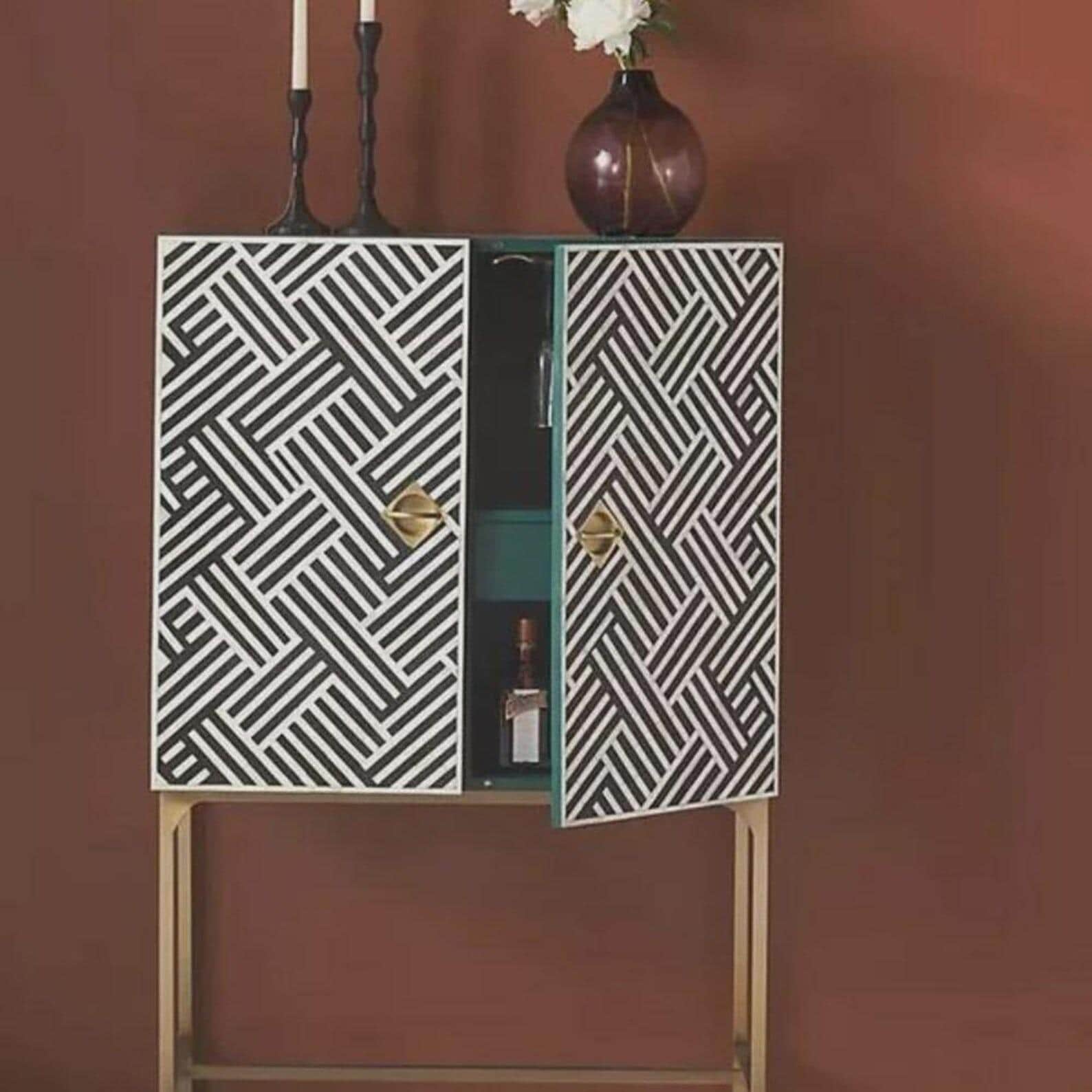 Chevron Bone Inlay Bar Unit – Handmade Luxury Drinks Storage, Geometric Artisan Furniture