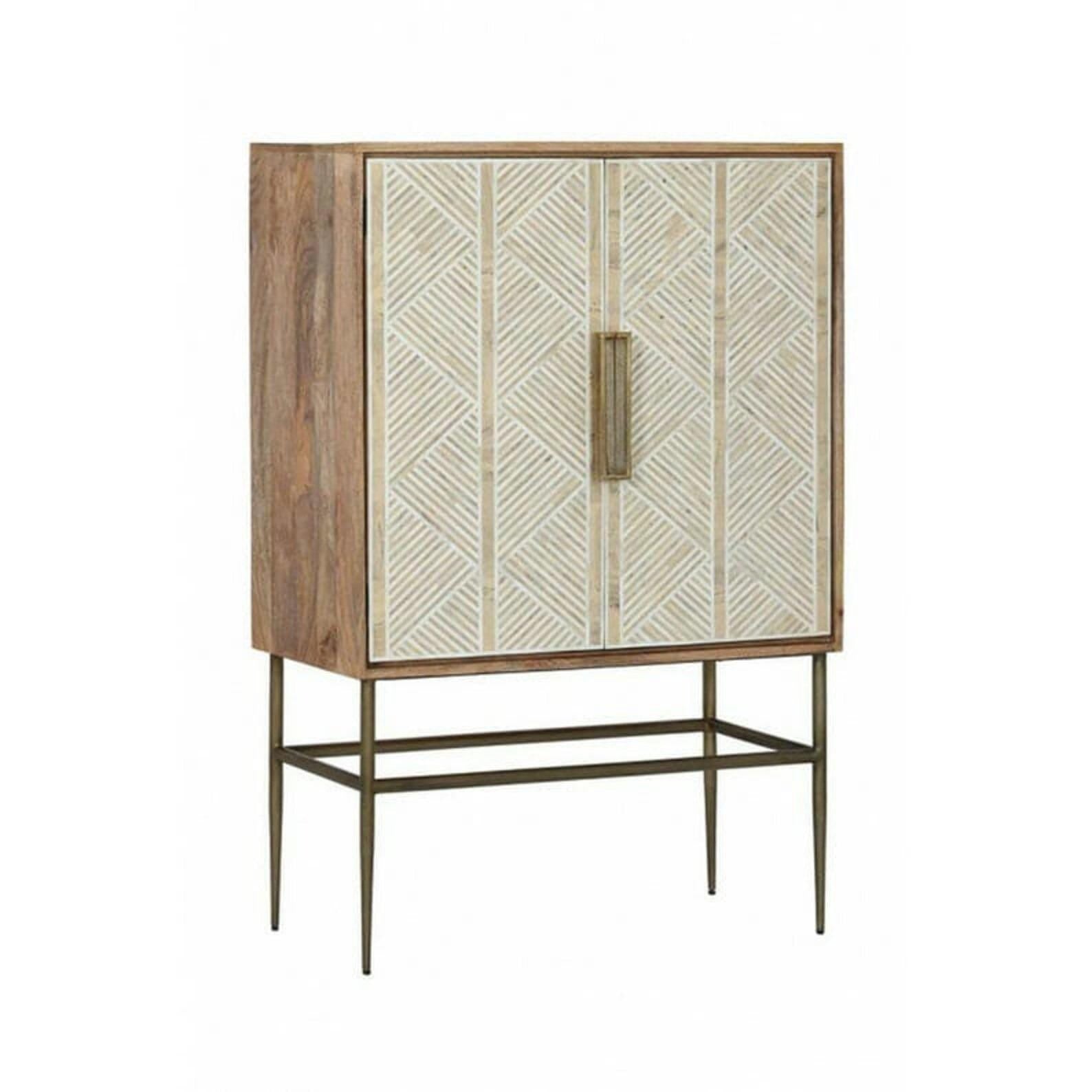 Wood Bone Inlay Bar Unit – Handmade Luxury Strip Design Storage Furniture