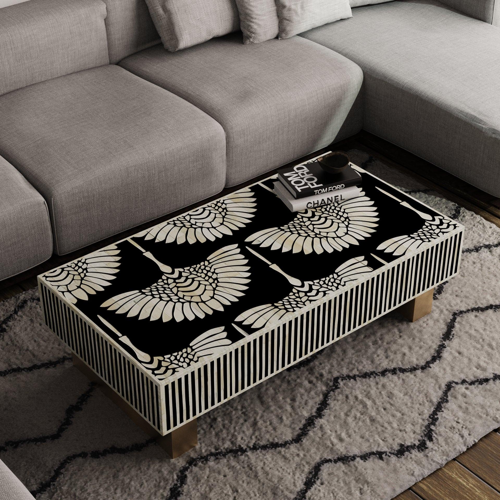 Bone Inlay Coffee Table Swan Pattern – Handmade Rectangular Luxury Furniture