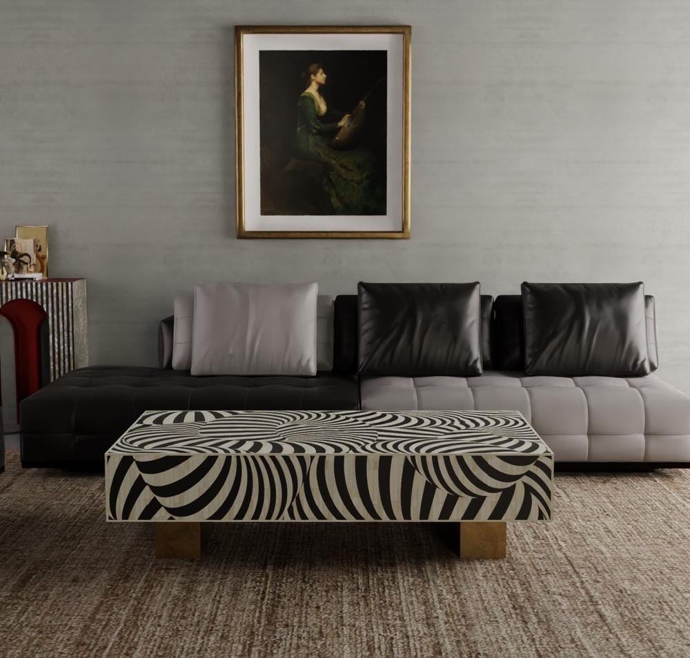 Illusion Pattern Bone Inlay Coffee Table – Handmade Rectangular Luxury Furniture