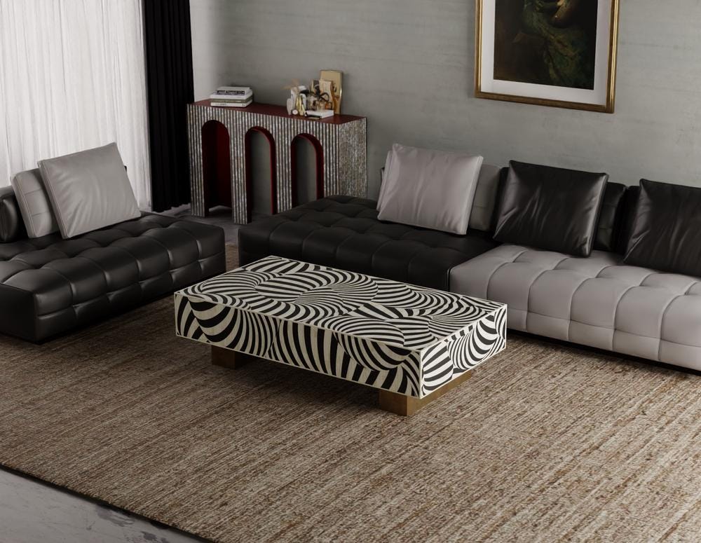 Illusion Pattern Bone Inlay Coffee Table – Handmade Rectangular Luxury Furniture