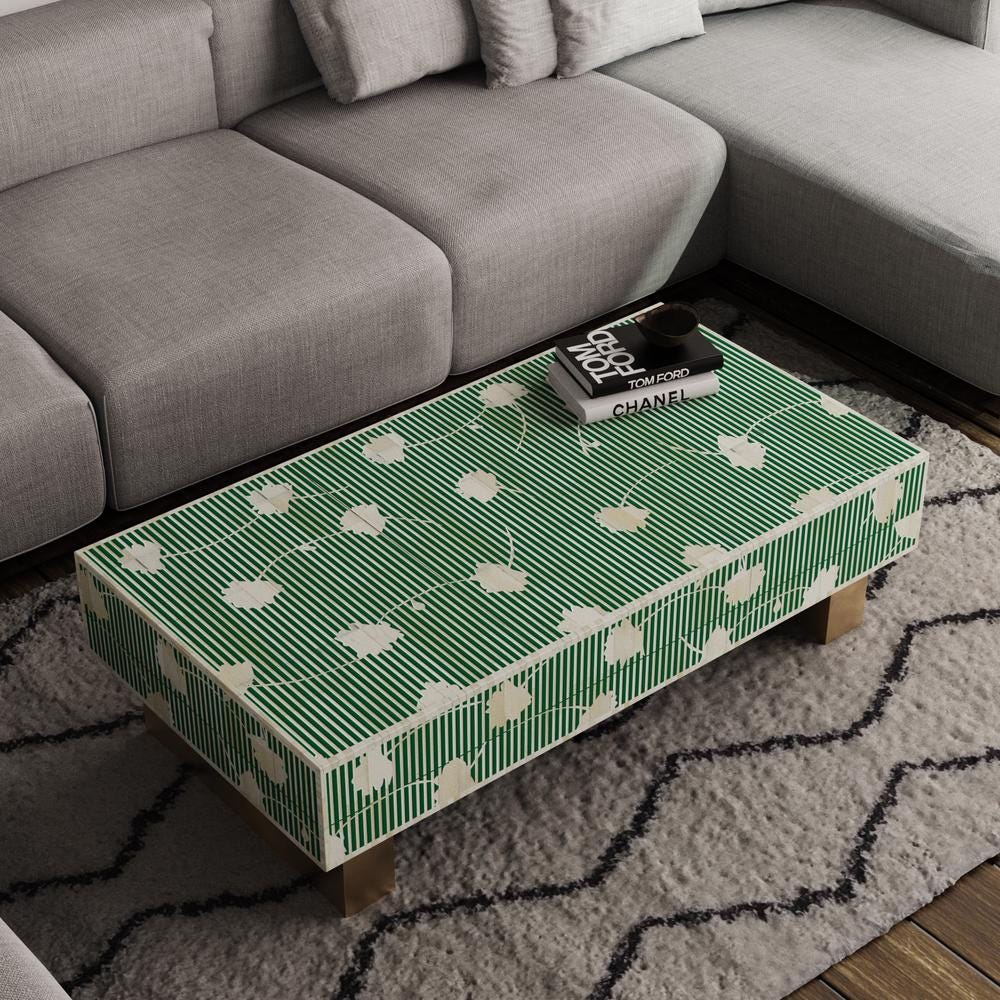 Floral Motif Bone Inlay Coffee Table – Handmade Rectangular Luxury Furniture