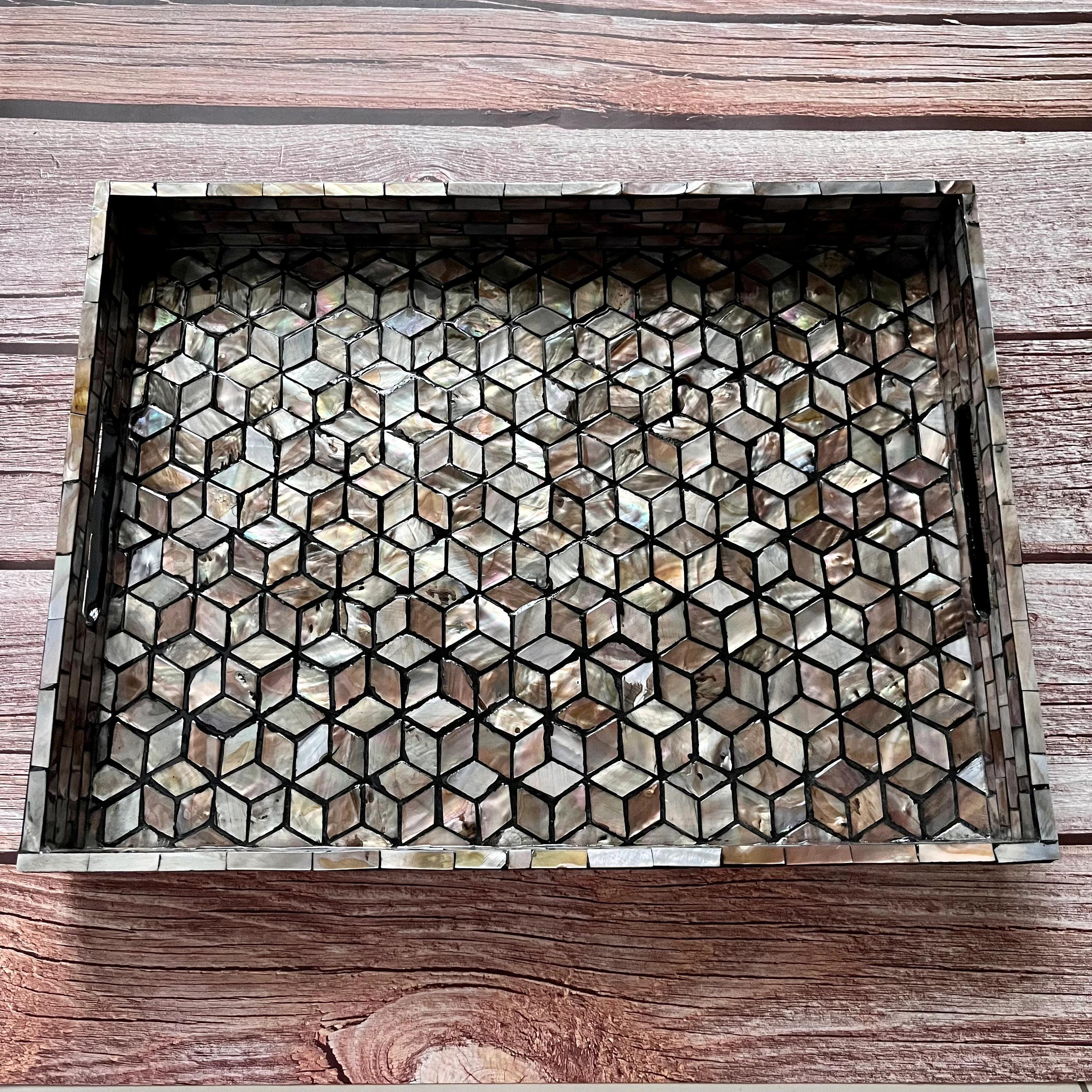 Handmade Mother of Pearl Inlay Serving Tray | Rectangular MOP Coffee Table Decor, Luxury Gift