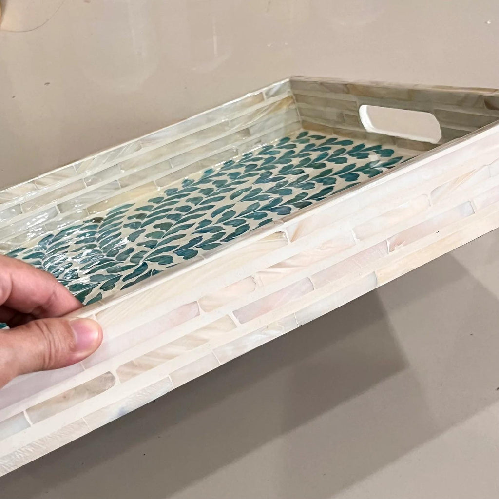 Handmade Blue Mother of Pearl Inlay Serving Tray | Rectangular 35x25cm Botanical MOP Home Decor
