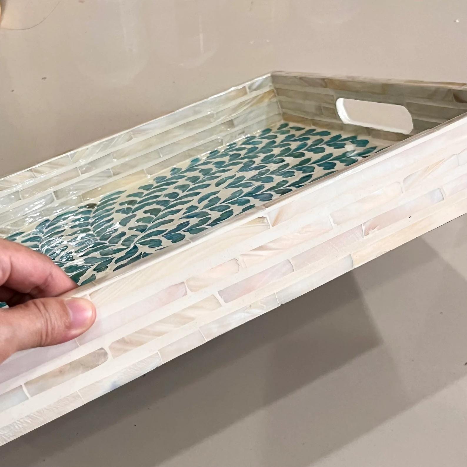 Handmade Blue Mother of Pearl Inlay Serving Tray | Rectangular 35x25cm Botanical MOP Home Decor
