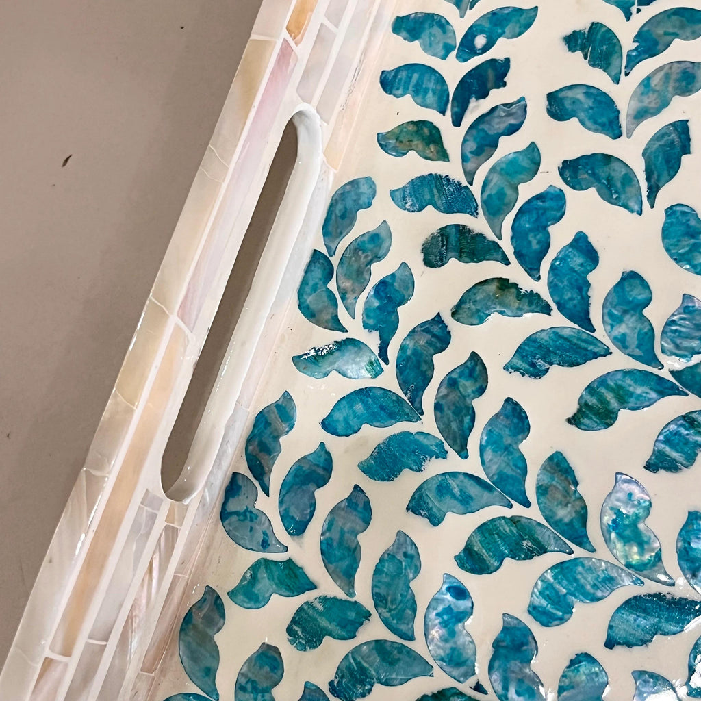 Handmade Blue Mother of Pearl Inlay Serving Tray | Rectangular 35x25cm Botanical MOP Home Decor