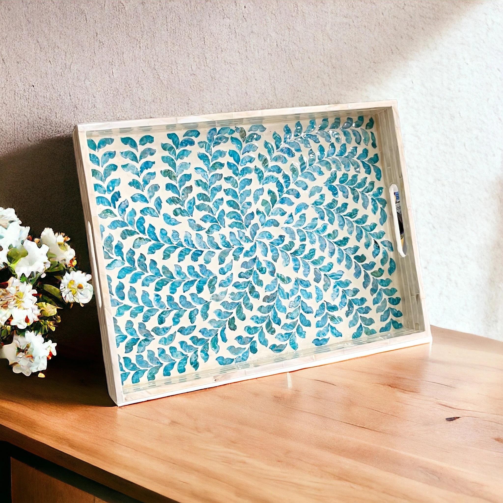 Handmade Blue Mother of Pearl Inlay Serving Tray | Rectangular 35x25cm Botanical MOP Home Decor