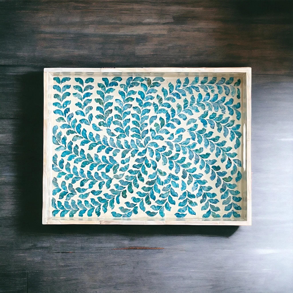 Handmade Blue Mother of Pearl Inlay Serving Tray | Rectangular 35x25cm Botanical MOP Home Decor