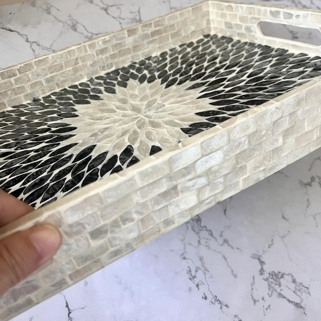 Handmade Black and White Mother of Pearl Inlay Serving Tray | Rectangular MOP Mosaic Decor