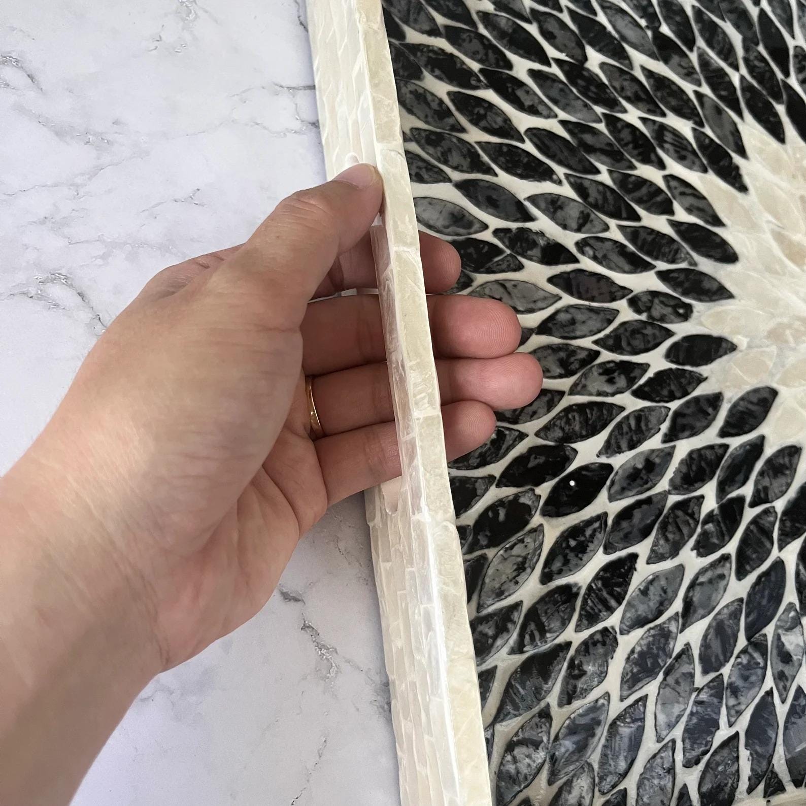 Handmade Black and White Mother of Pearl Inlay Serving Tray | Rectangular MOP Mosaic Decor