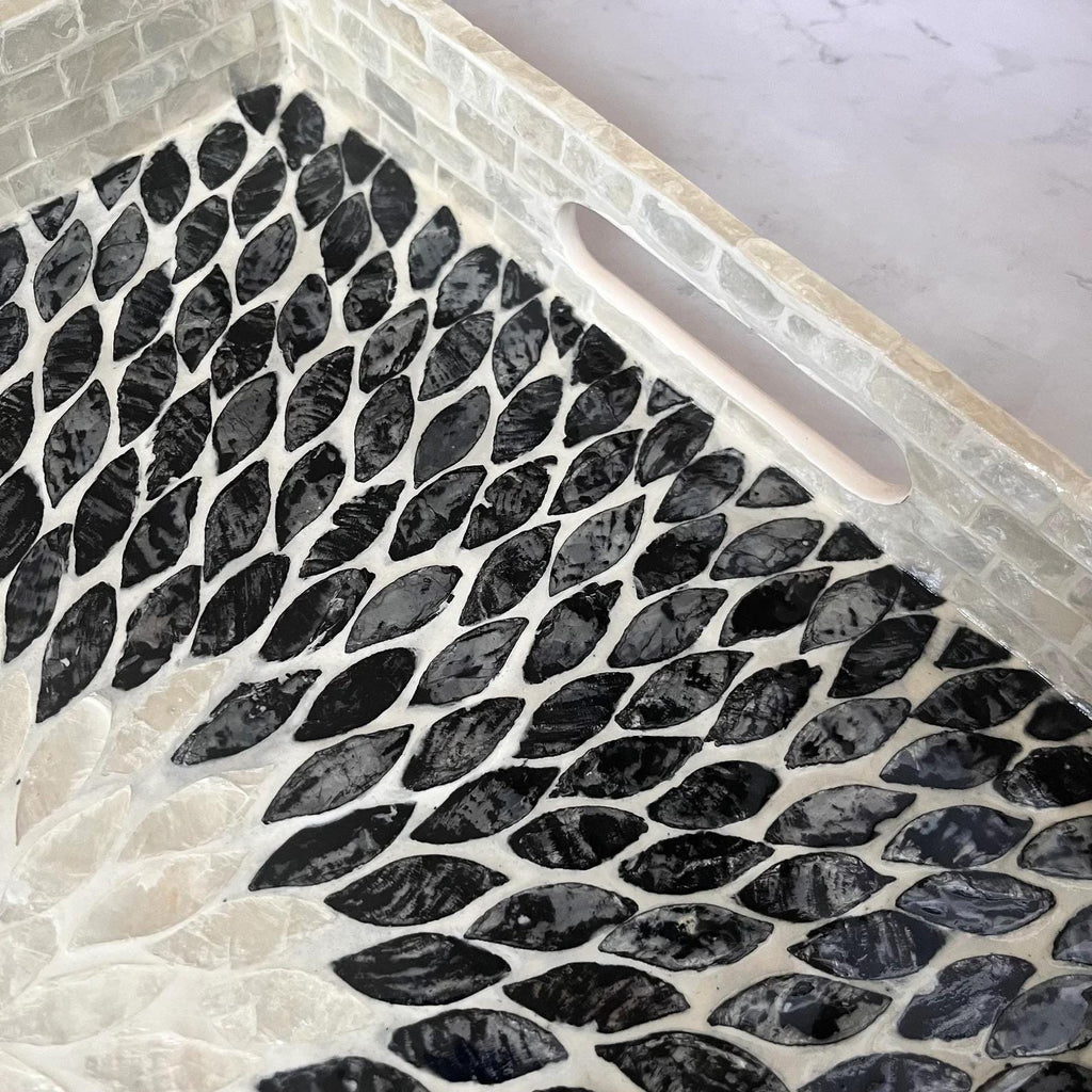 Handmade Black and White Mother of Pearl Inlay Serving Tray | Rectangular MOP Mosaic Decor