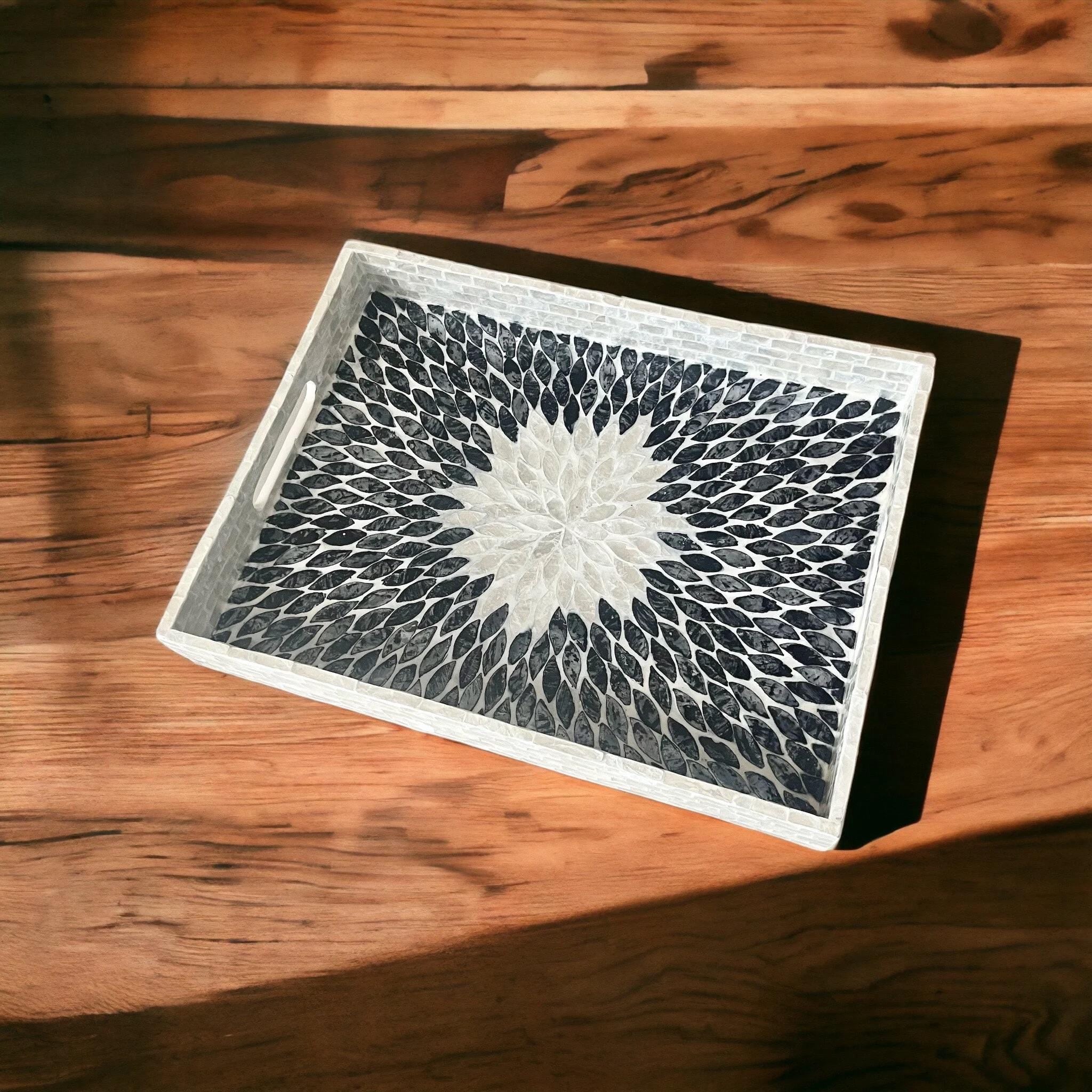 Handmade Black and White Mother of Pearl Inlay Serving Tray | Rectangular MOP Mosaic Decor