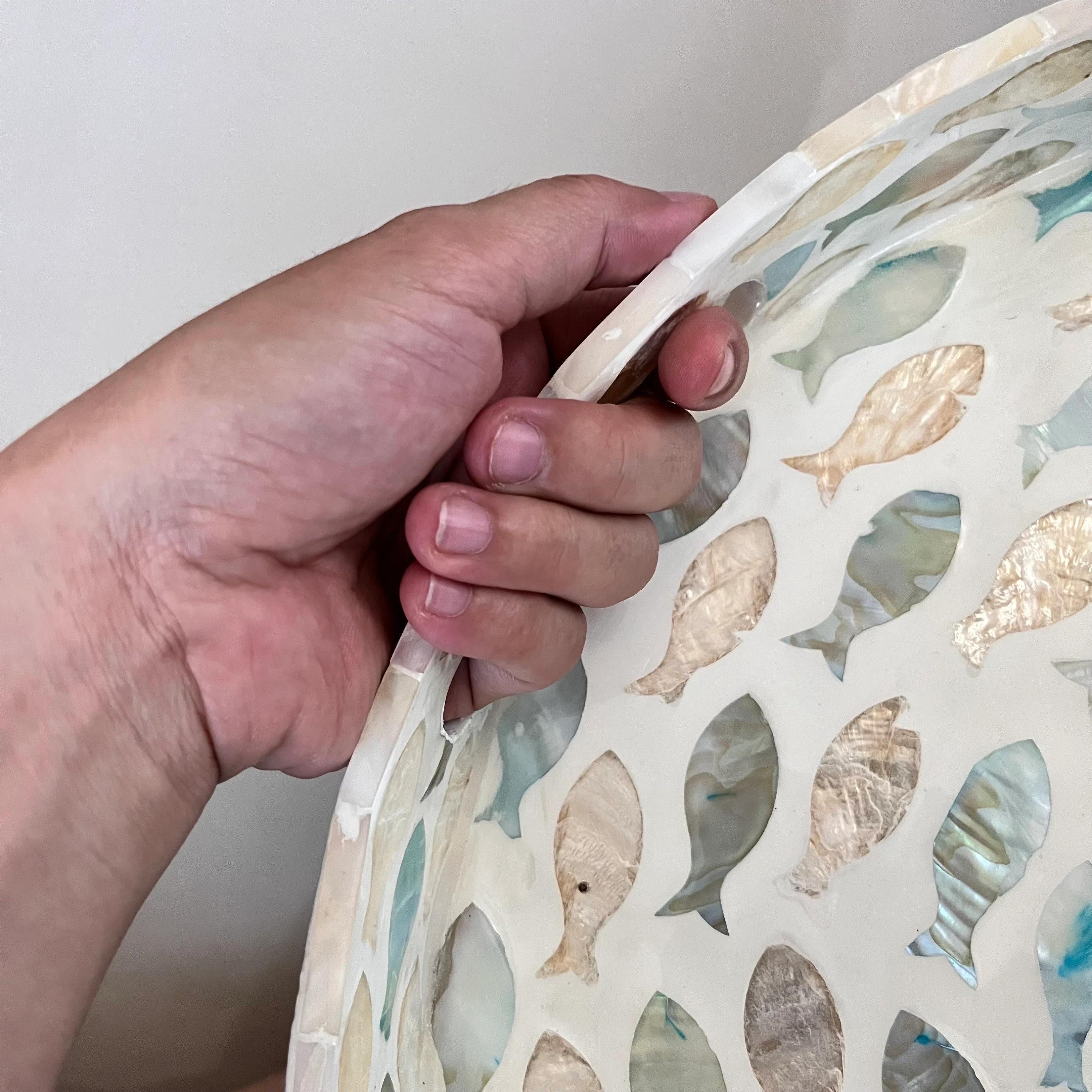 Handmade Round Mother of Pearl Inlay Serving Tray | Blue Nautical Fish MOP Decor