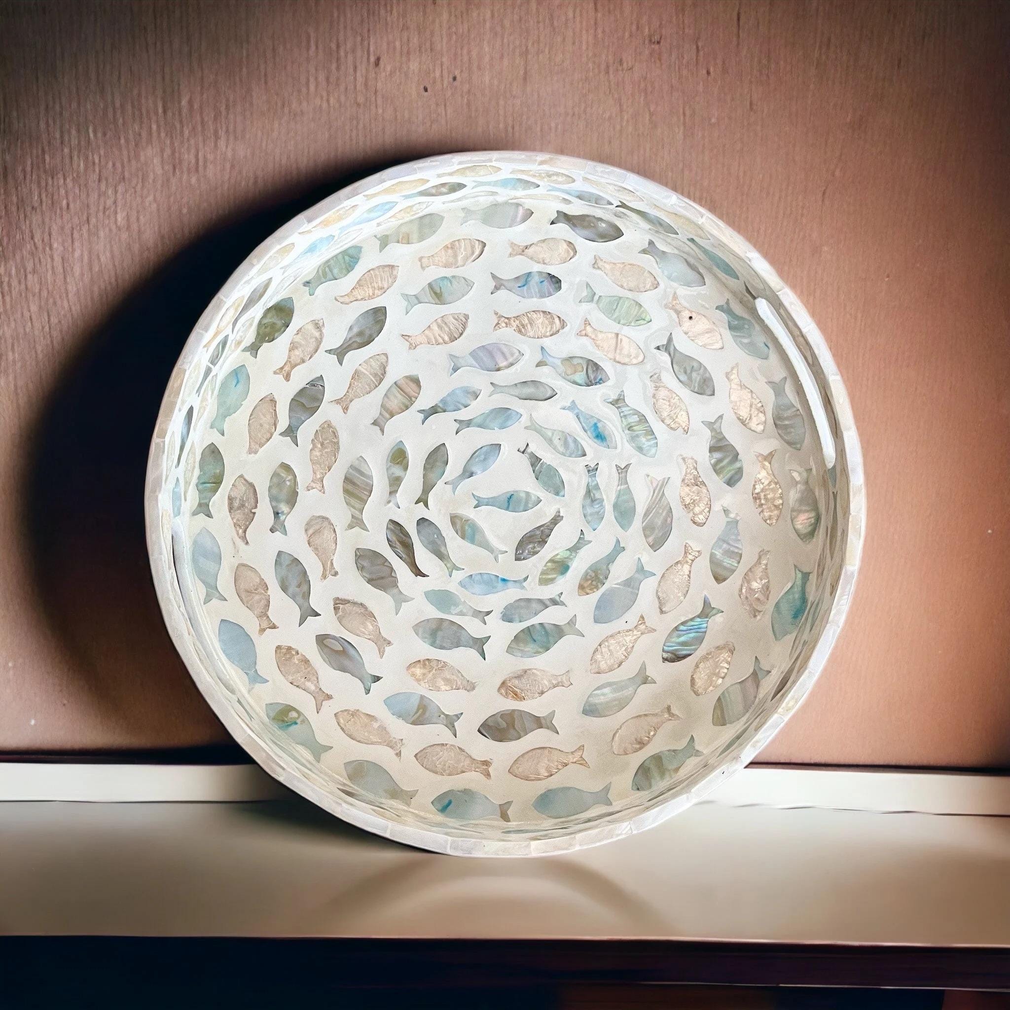 Handmade Round Mother of Pearl Inlay Serving Tray | Blue Nautical Fish MOP Decor