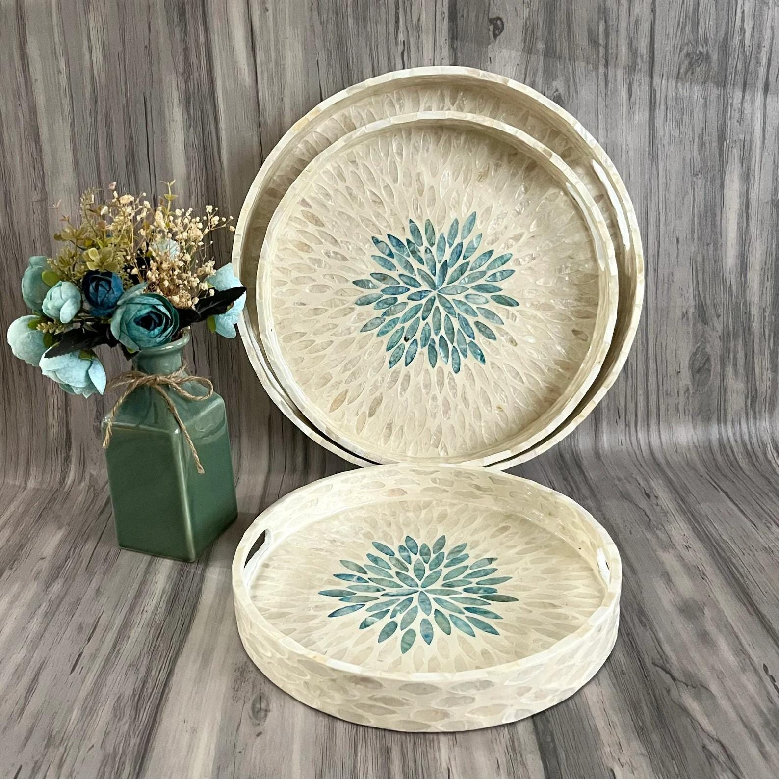 Mother of Pearl Mosaic Round Tray Handmade Home Decor