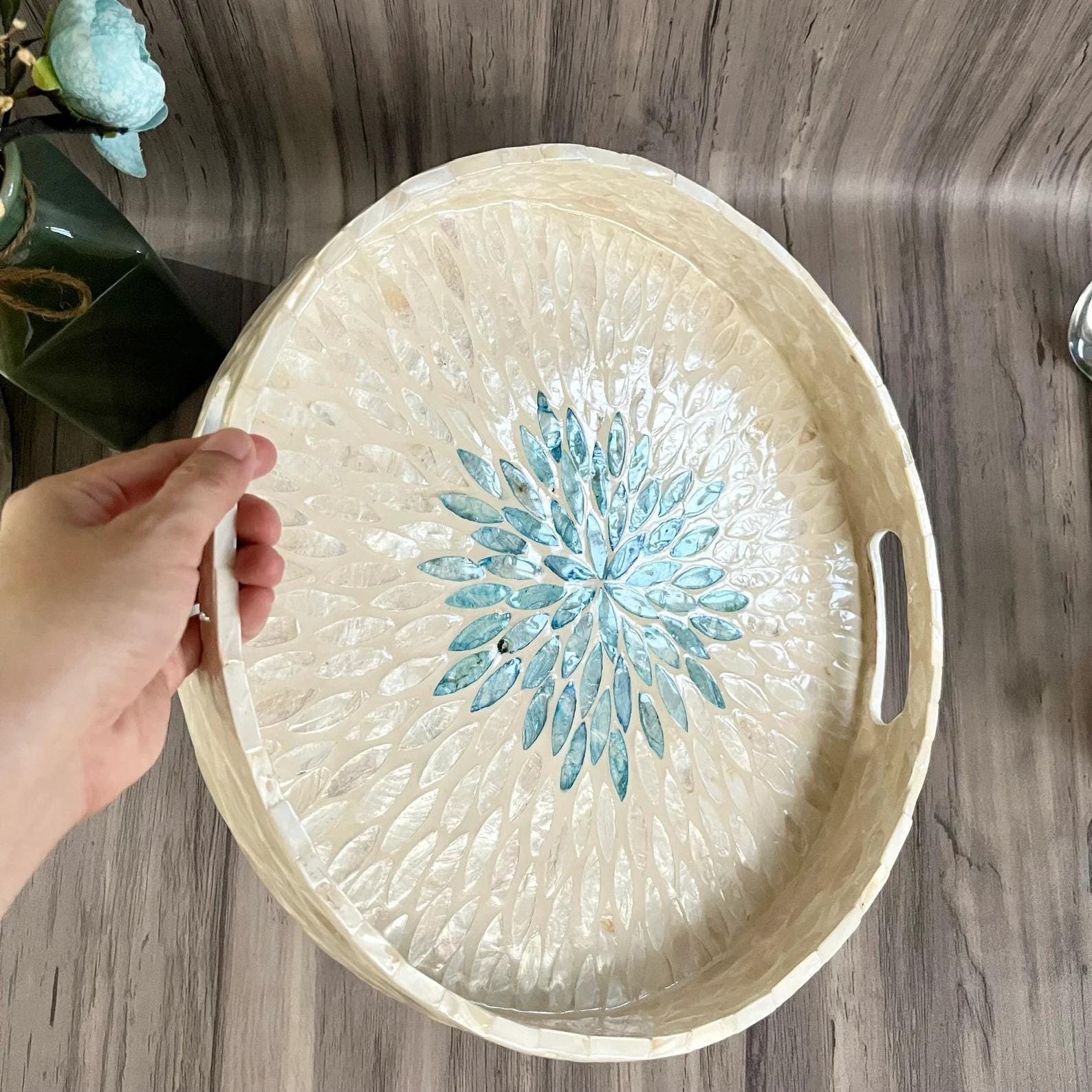 Mother of Pearl Mosaic Round Tray Handmade Home Decor