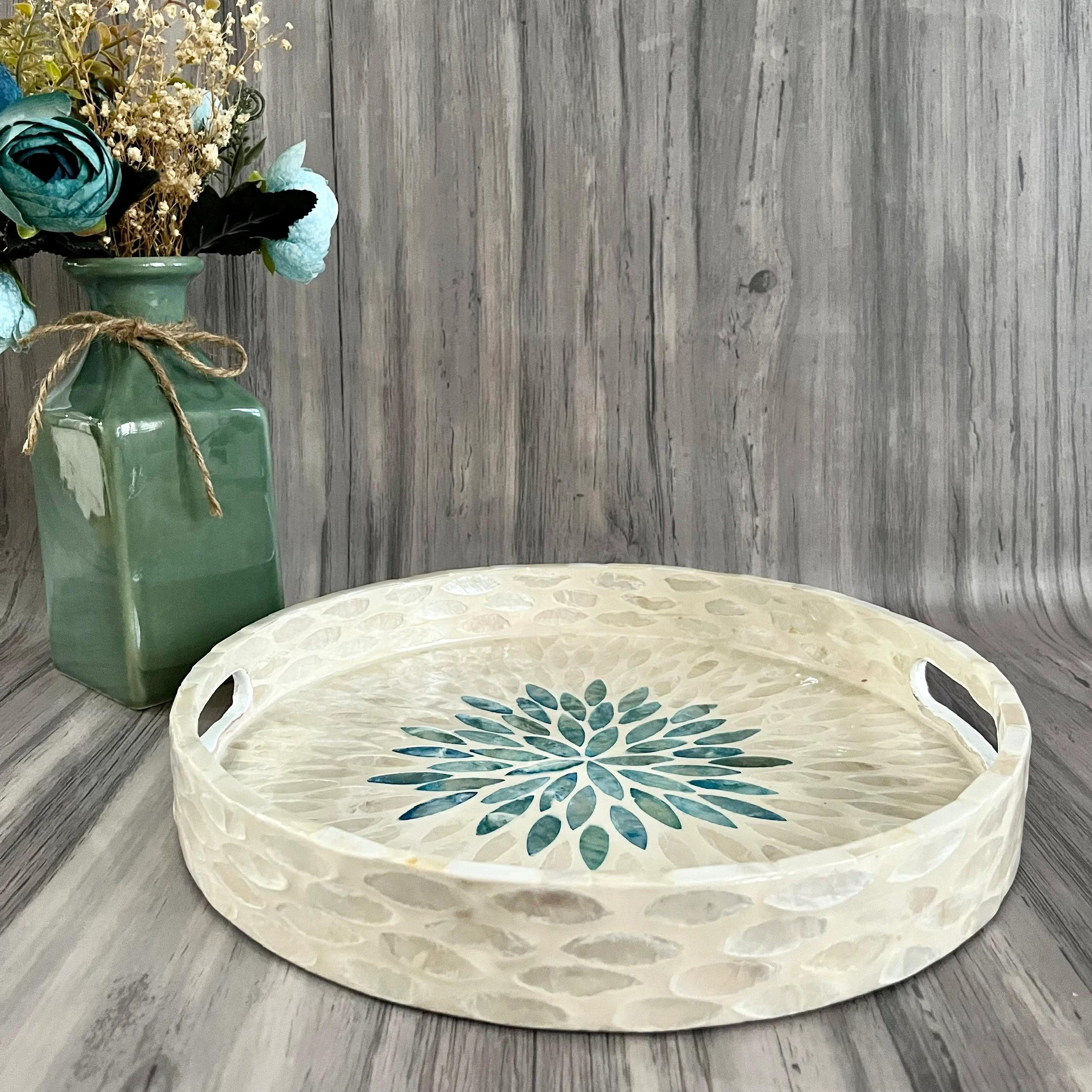 Mother of Pearl Mosaic Round Tray Handmade Home Decor