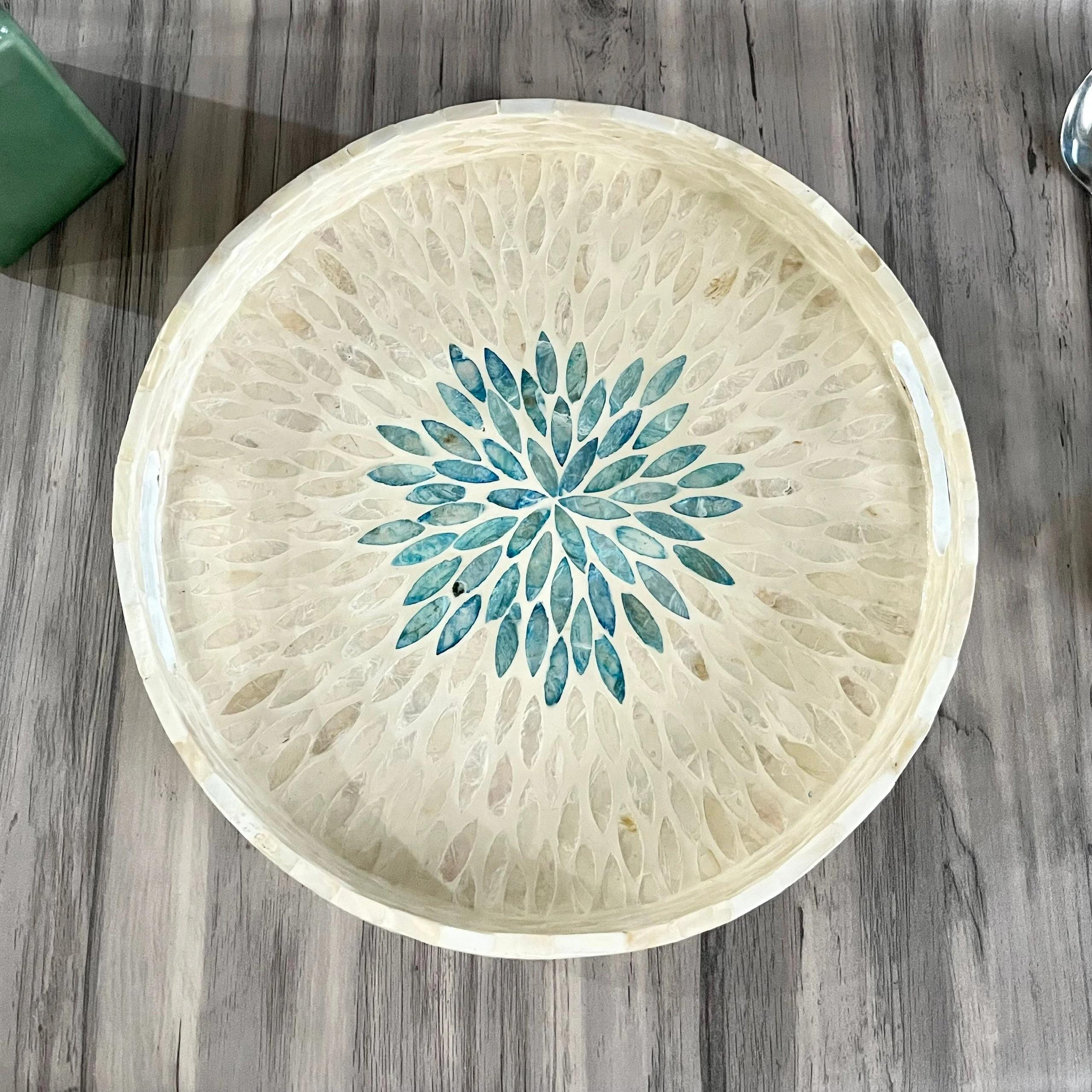 Mother of Pearl Mosaic Round Tray Handmade Home Decor