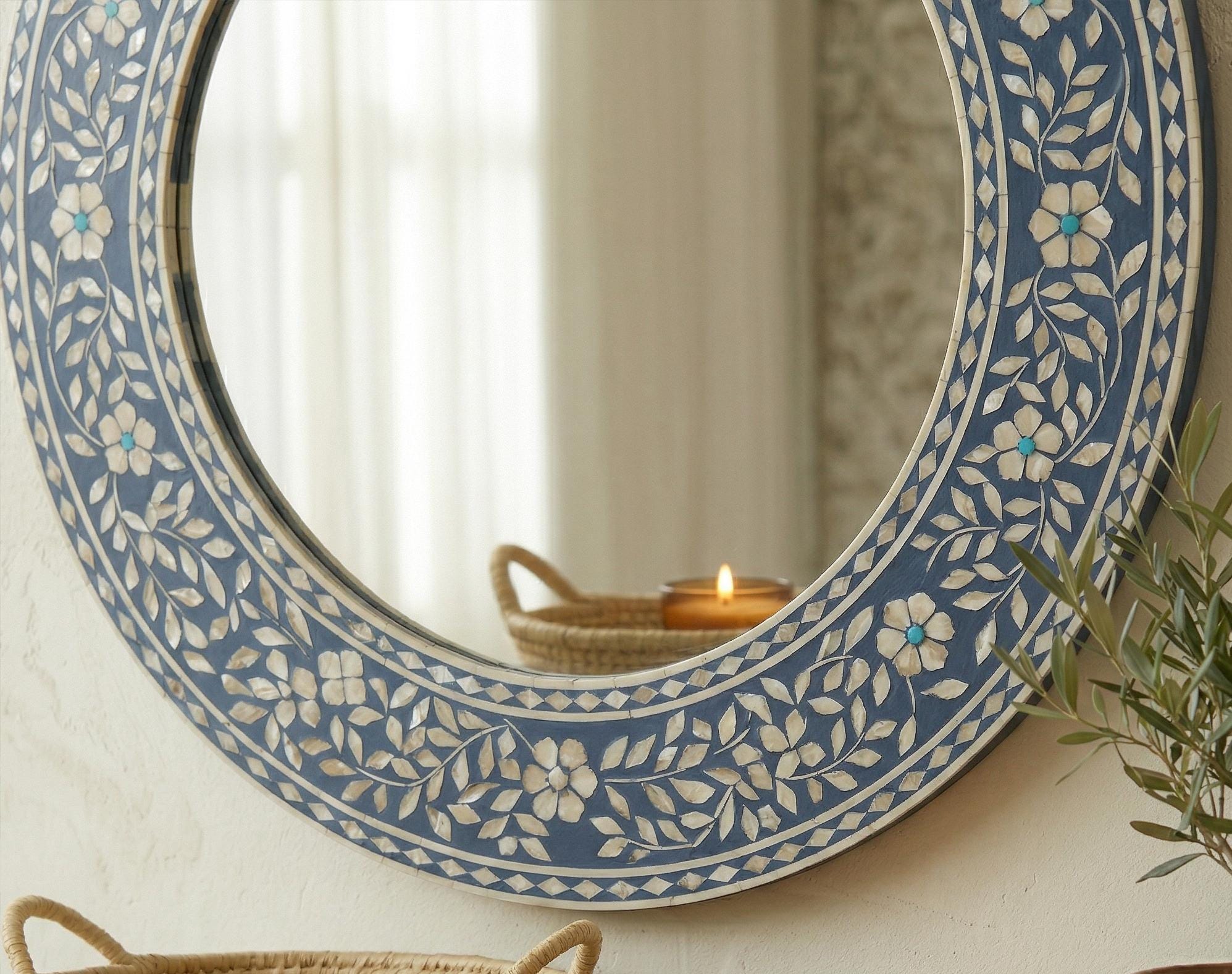 Floral Bone Inlay Round Mirror – Handmade Luxury Wall Decor | unique mirror