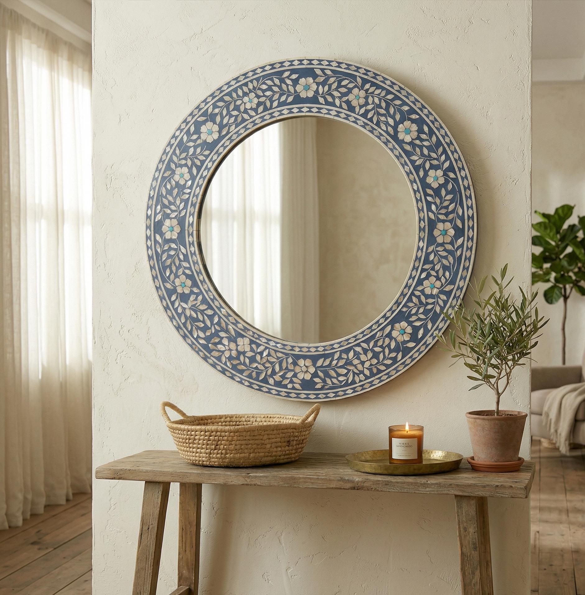 Floral Bone Inlay Round Mirror – Handmade Luxury Wall Decor | unique mirror