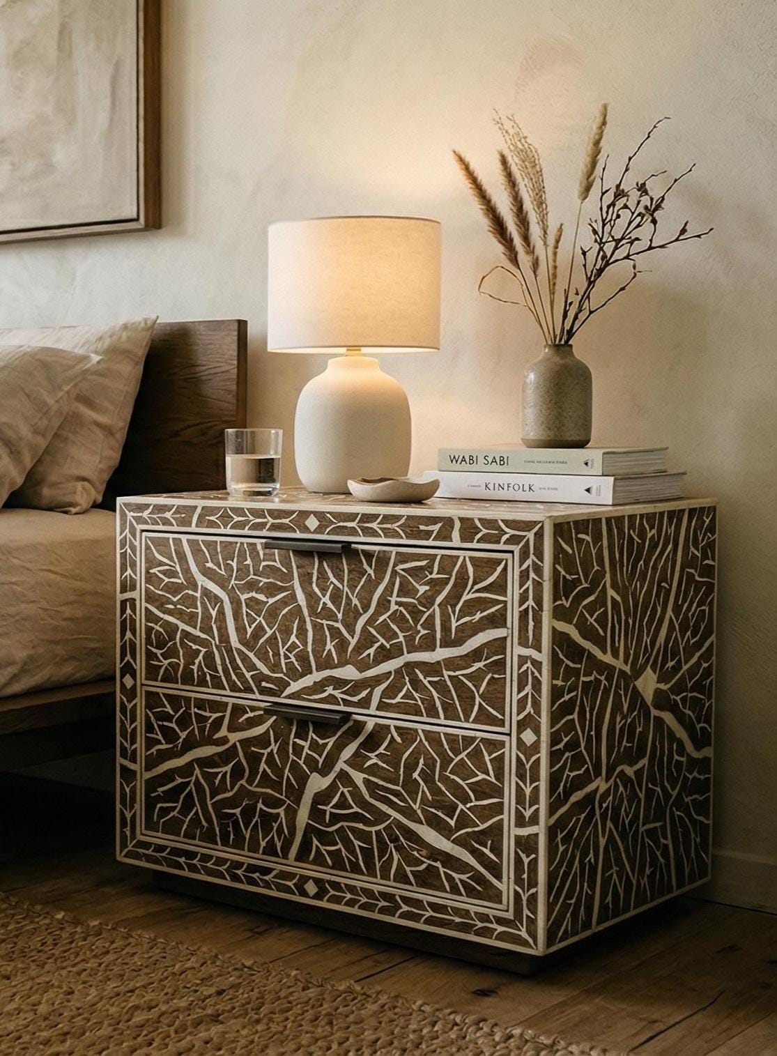 Organic Pattern Bone Inlay Bedside Table , unique side table , indian furniture