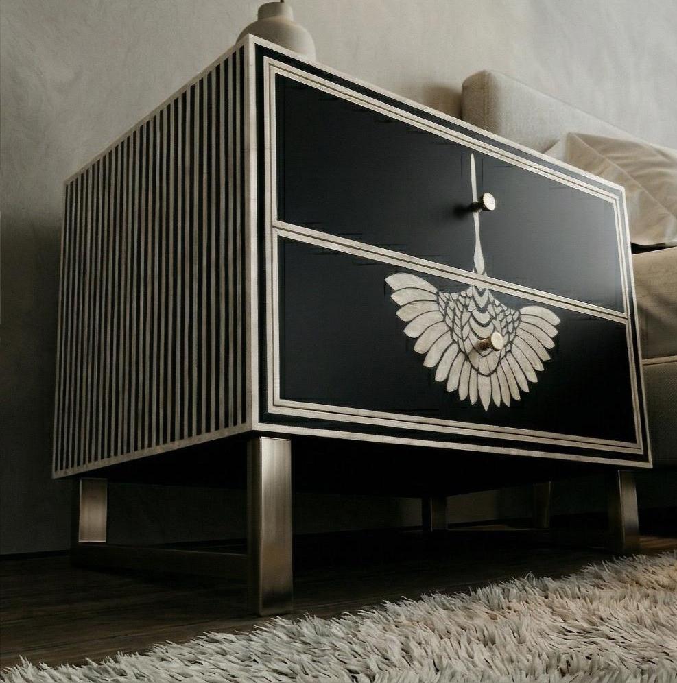 Swan Bone Inlay handcrafted Nightstand Black Luxury Bedroom Side Table