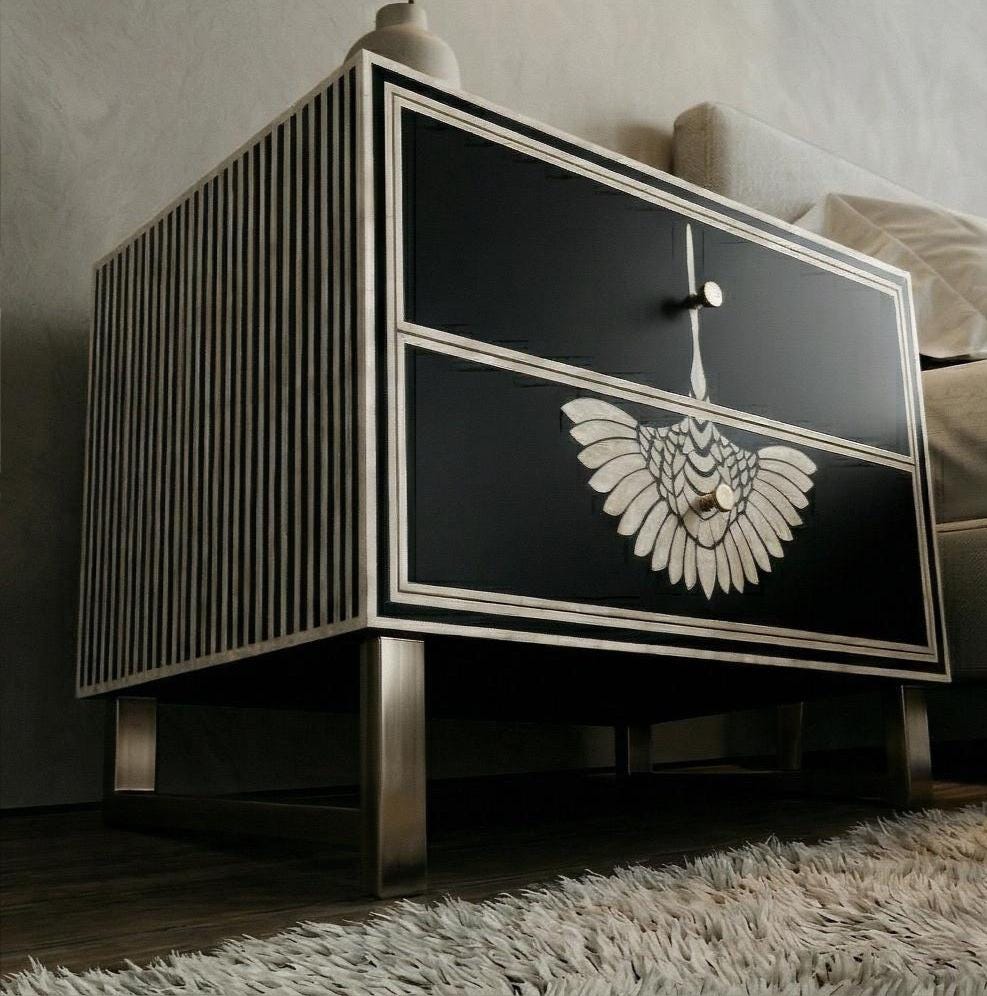 Swan Bone Inlay Bedside Table Handmade Black Luxury Bird Nightstand