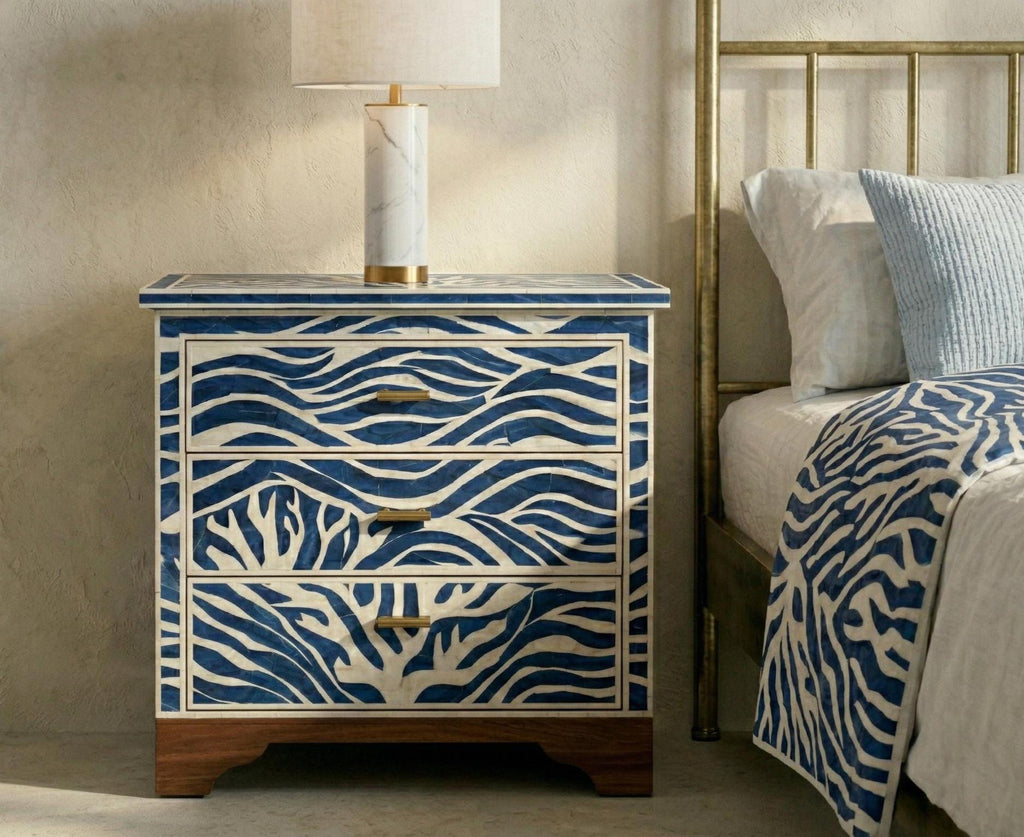 handmade Blue Wave Bone Inlay Bedside Table – Handmade Luxury 3 Drawer Nightstand