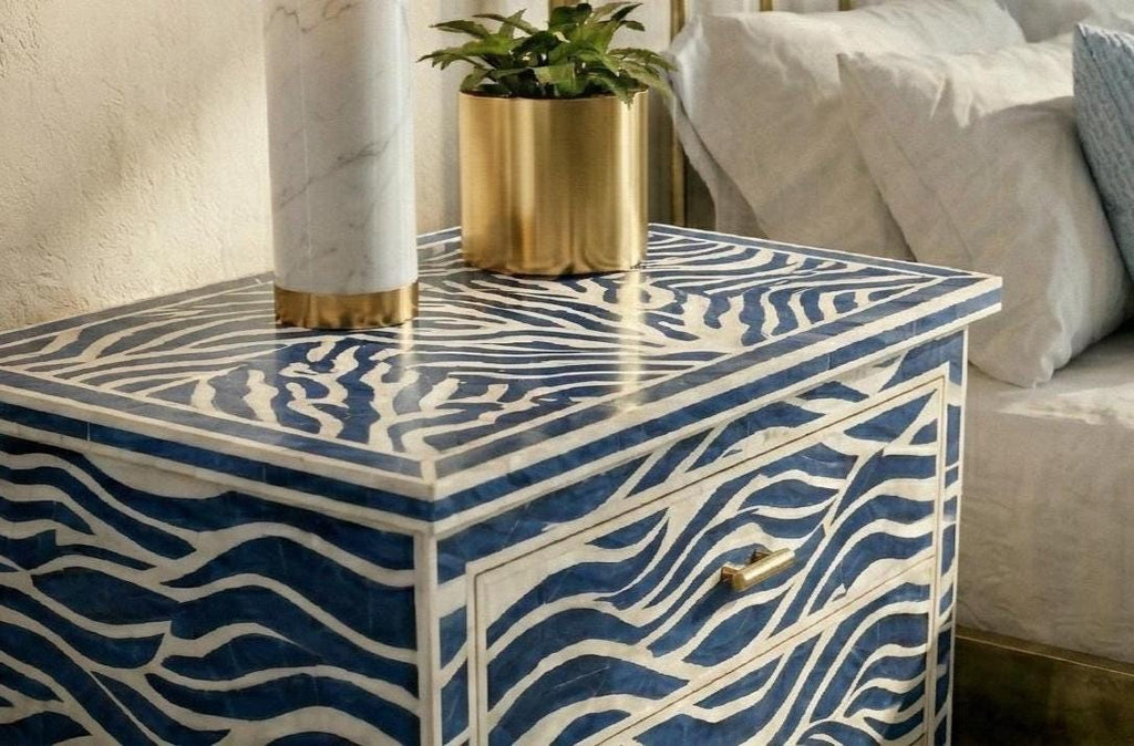 handmade Blue Wave Bone Inlay Bedside Table – Handmade Luxury 3 Drawer Nightstand