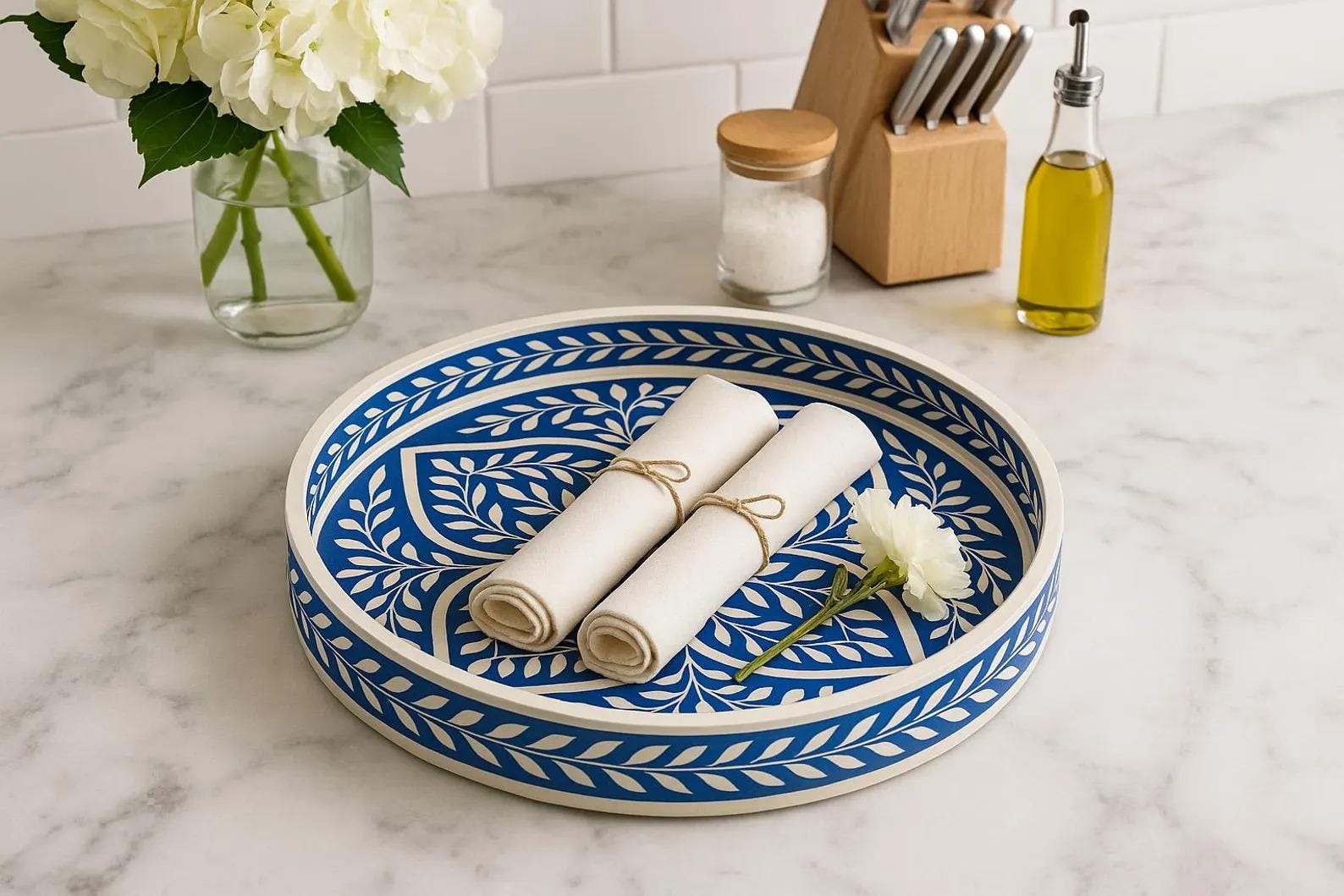 Blue Bone Inlay Round Tray – Handmade Decorative Serving Tray