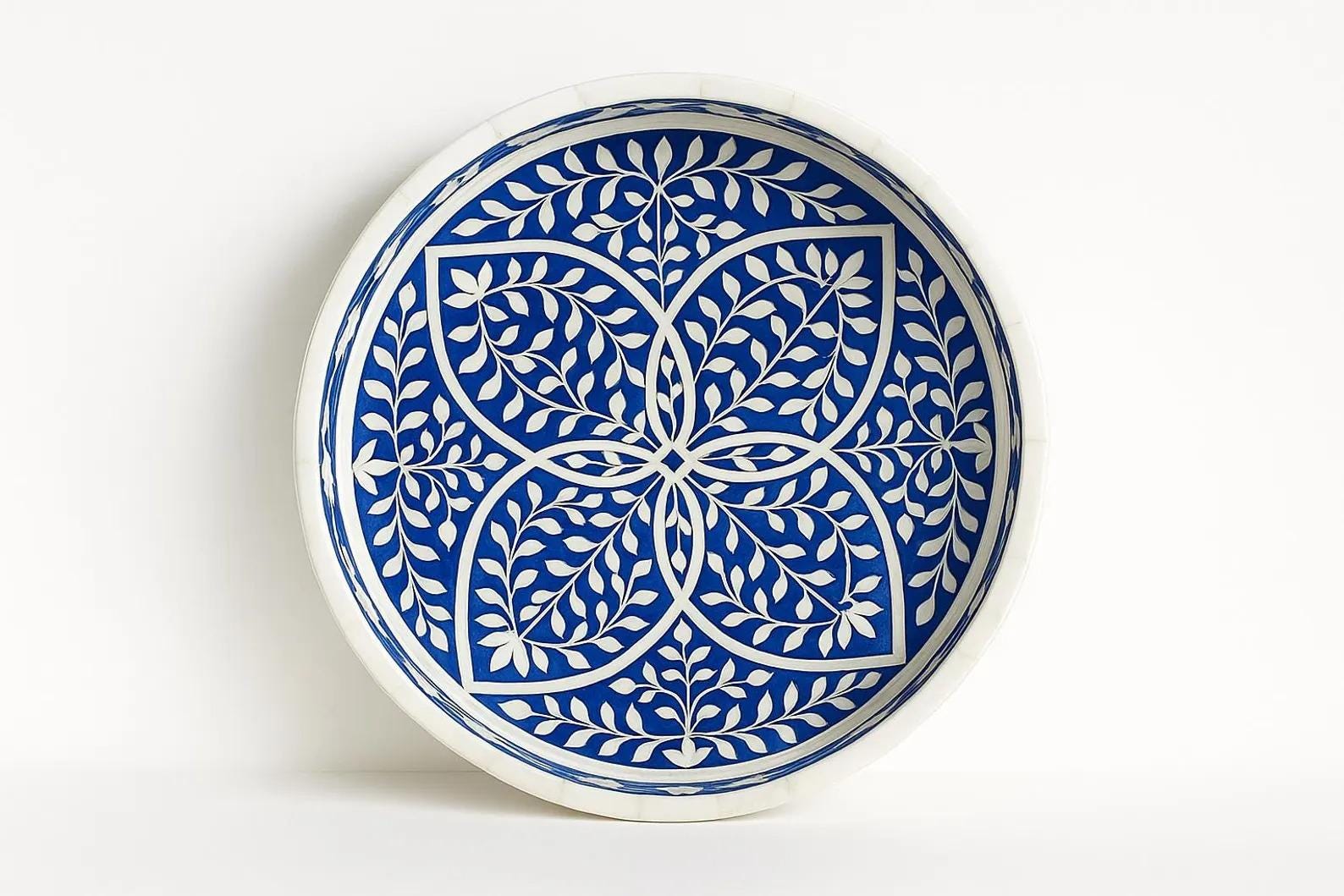 Blue Bone Inlay Round Tray – Handmade Decorative Serving Tray