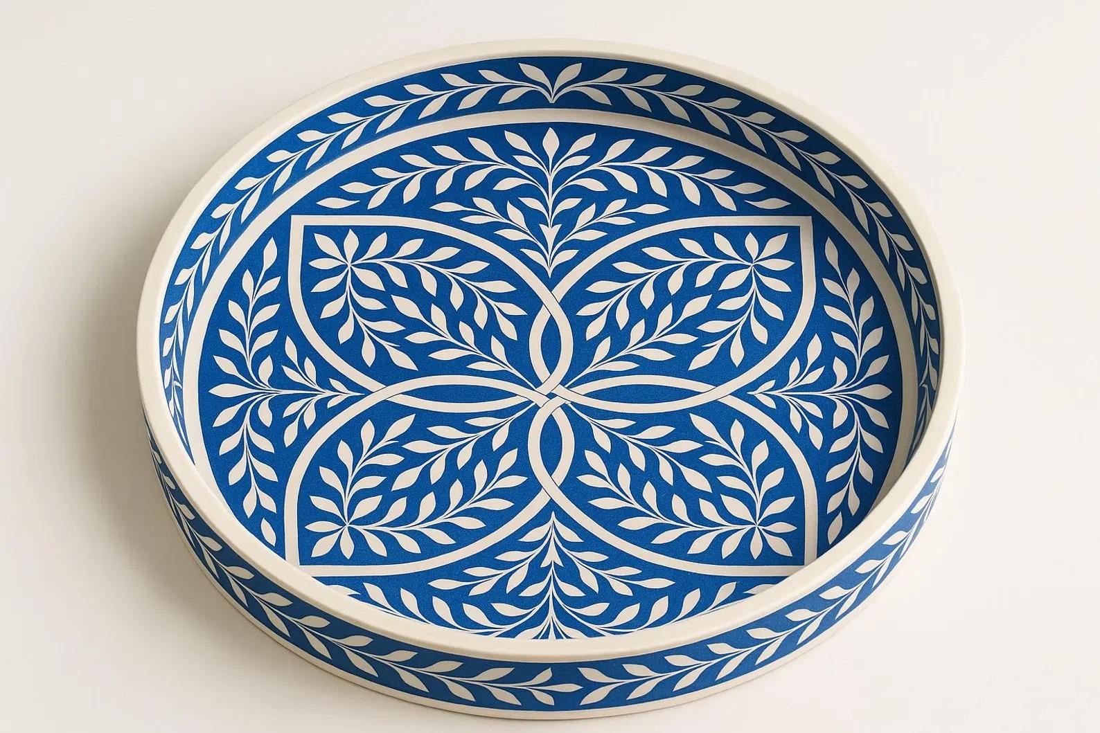 Blue Bone Inlay Round Tray – Handmade Decorative Serving Tray