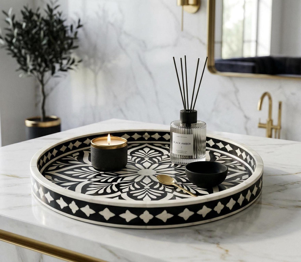 Round Tray Floral Bone Inlay Handmade Serving Vanity Decor