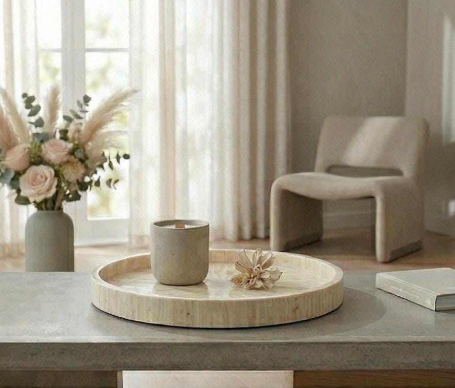 Pure White Bone Inlay Round Tray – Handmade Minimal Decorative Serving Tray
