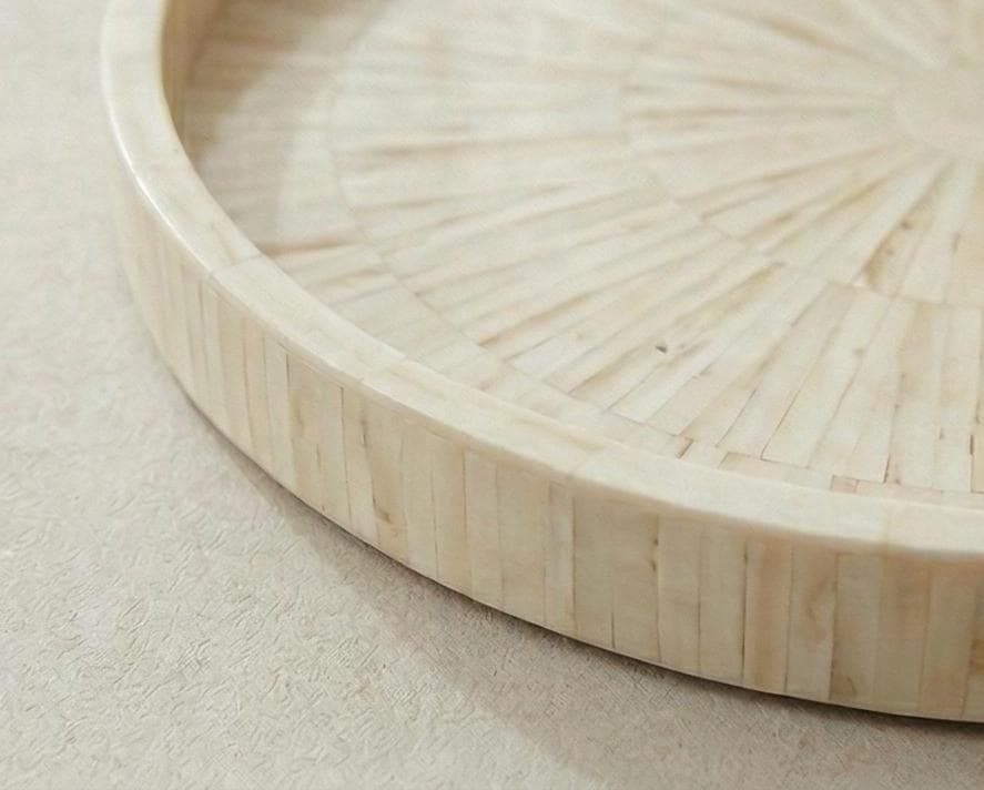 Pure White Bone Inlay Round Tray – Handmade Minimal Decorative Serving Tray