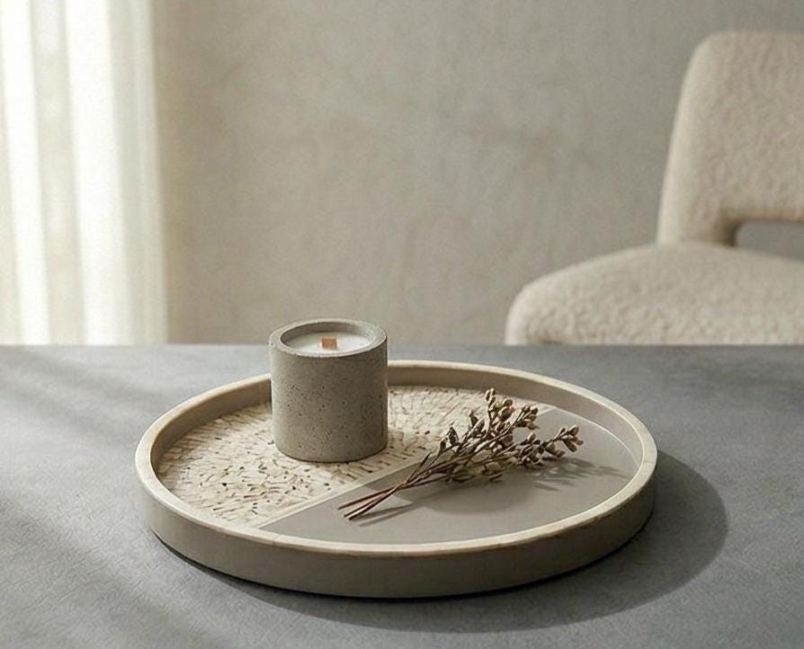 Two Tone Bone Inlay Round Tray – Handmade Modern Resin Serving Tray