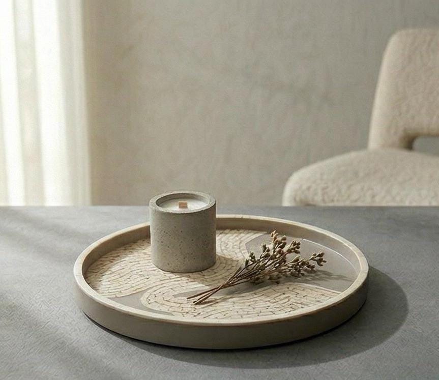 white Bone Inlay Round Tray Handmade Neutral Minimal Serving Tray