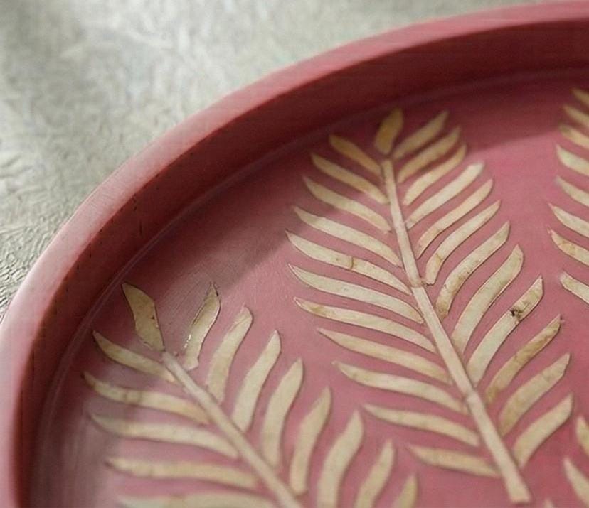 Pink Floral Bone Inlay Round Tray – Handmade Decorative Serving Tray | unique