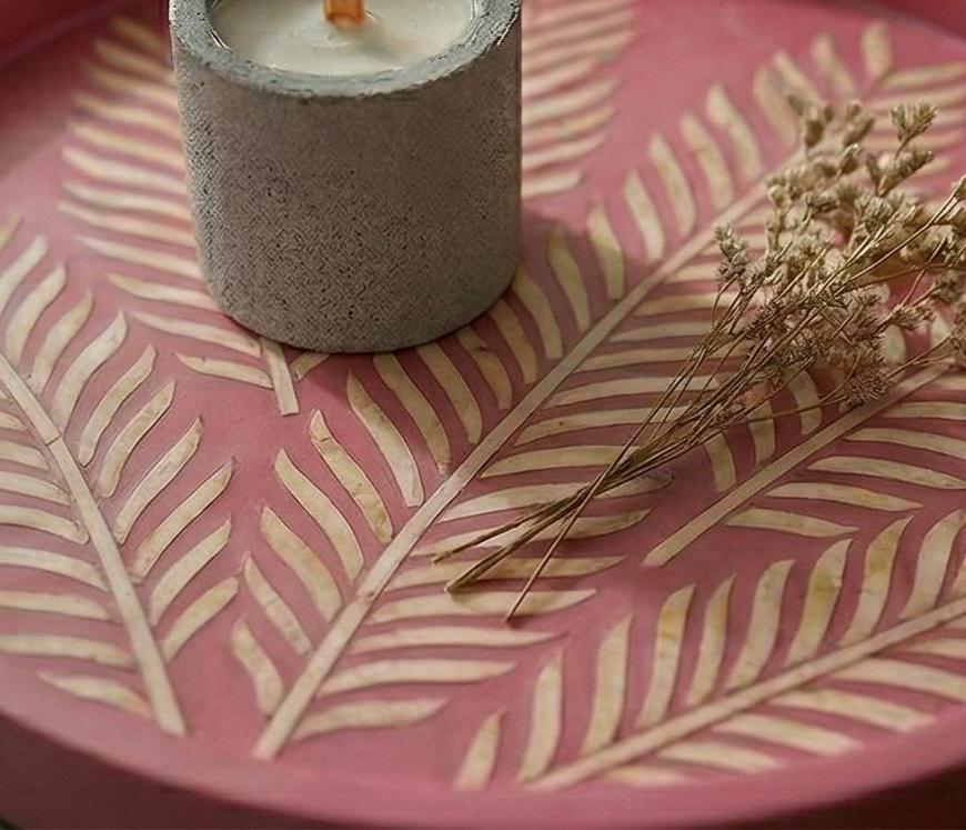 Pink Floral Bone Inlay Round Tray – Handmade Decorative Serving Tray | unique