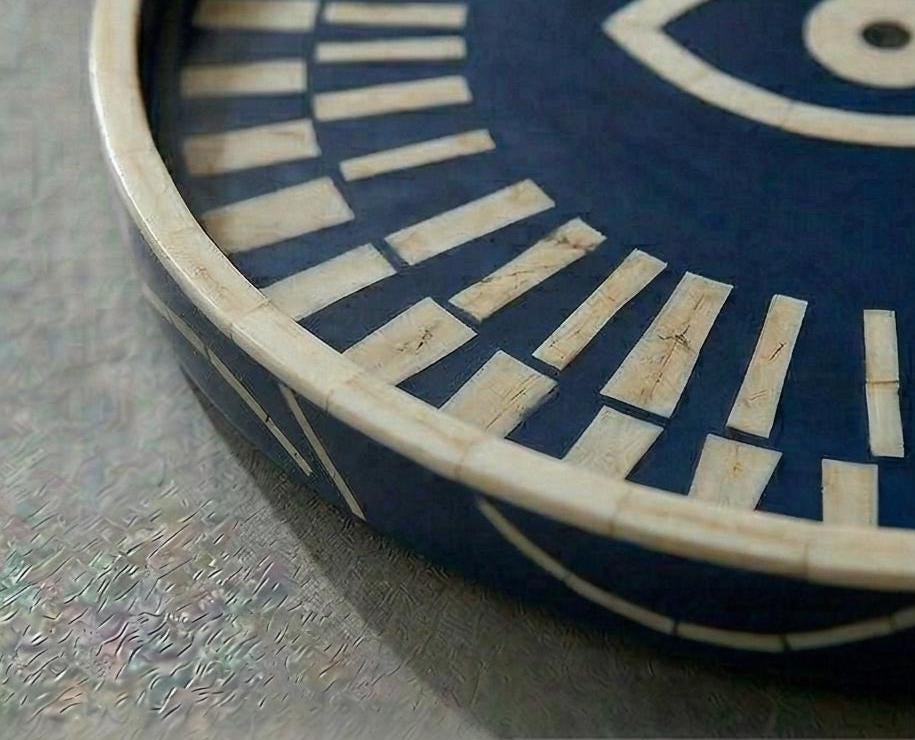 Evil Eye Bone Inlay Round Tray | Handmade Minimal Blue Luxury Serving Tray