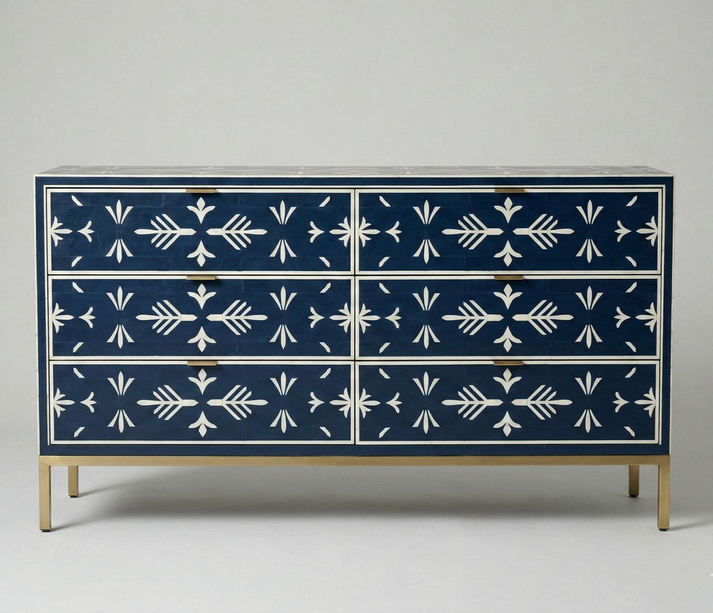 Navy Blue Bone Inlay Dresser – Handmade Minimal Pattern Modern Storage Cabinet unique