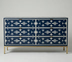 Navy Blue Bone Inlay Dresser – Handmade Minimal Pattern Modern Storage Cabinet unique