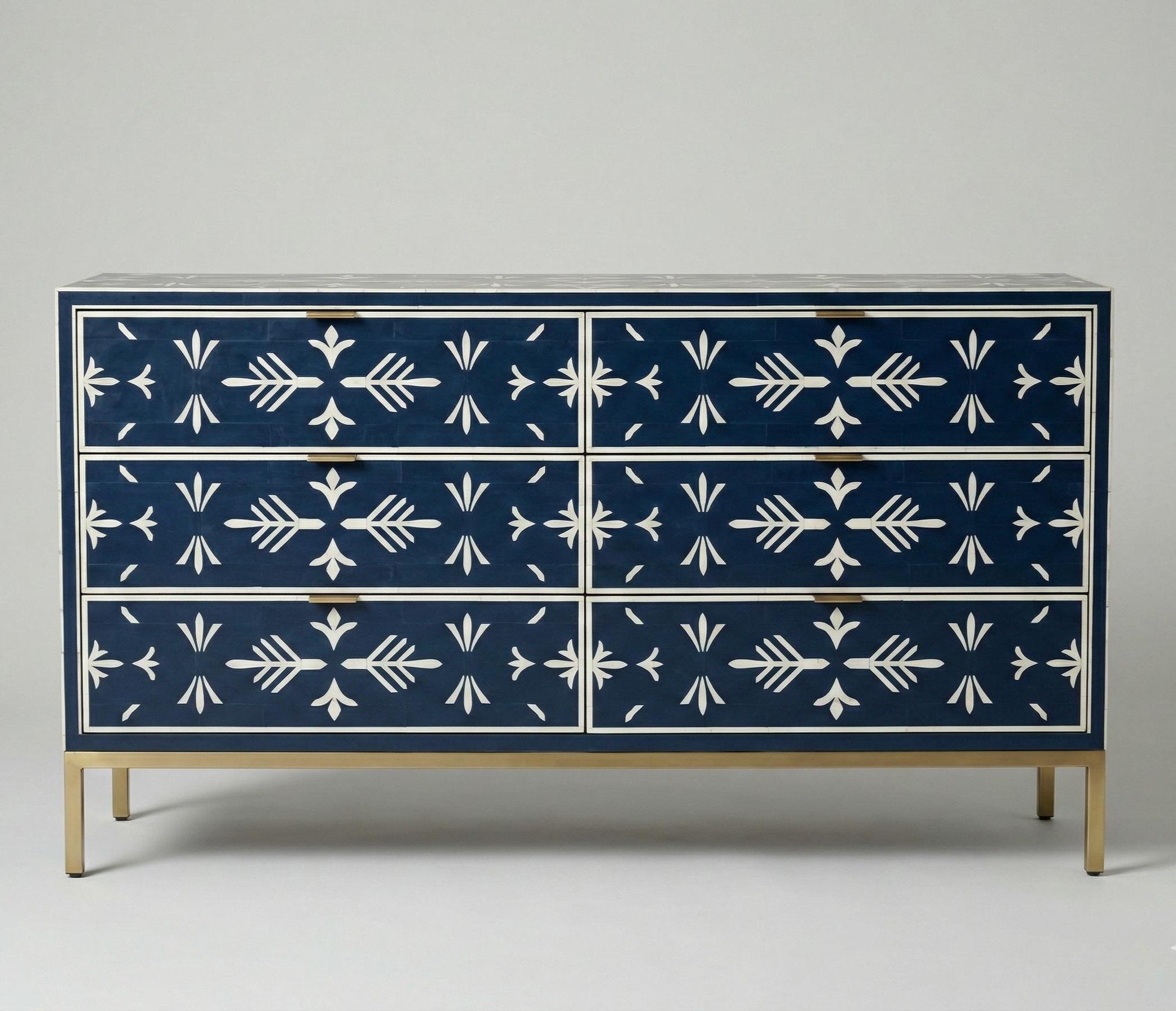 Navy Blue Bone Inlay Dresser – Handmade Minimal Pattern Modern Storage Cabinet unique