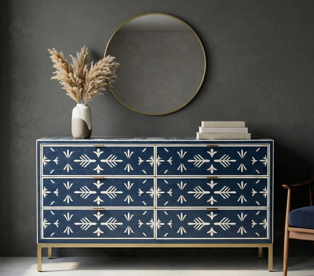 Navy Blue Bone Inlay Dresser – Handmade Minimal Pattern Modern Storage Cabinet unique