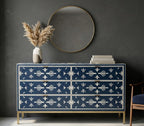 Navy Blue Bone Inlay Dresser – Handmade Minimal Pattern Modern Storage Cabinet unique