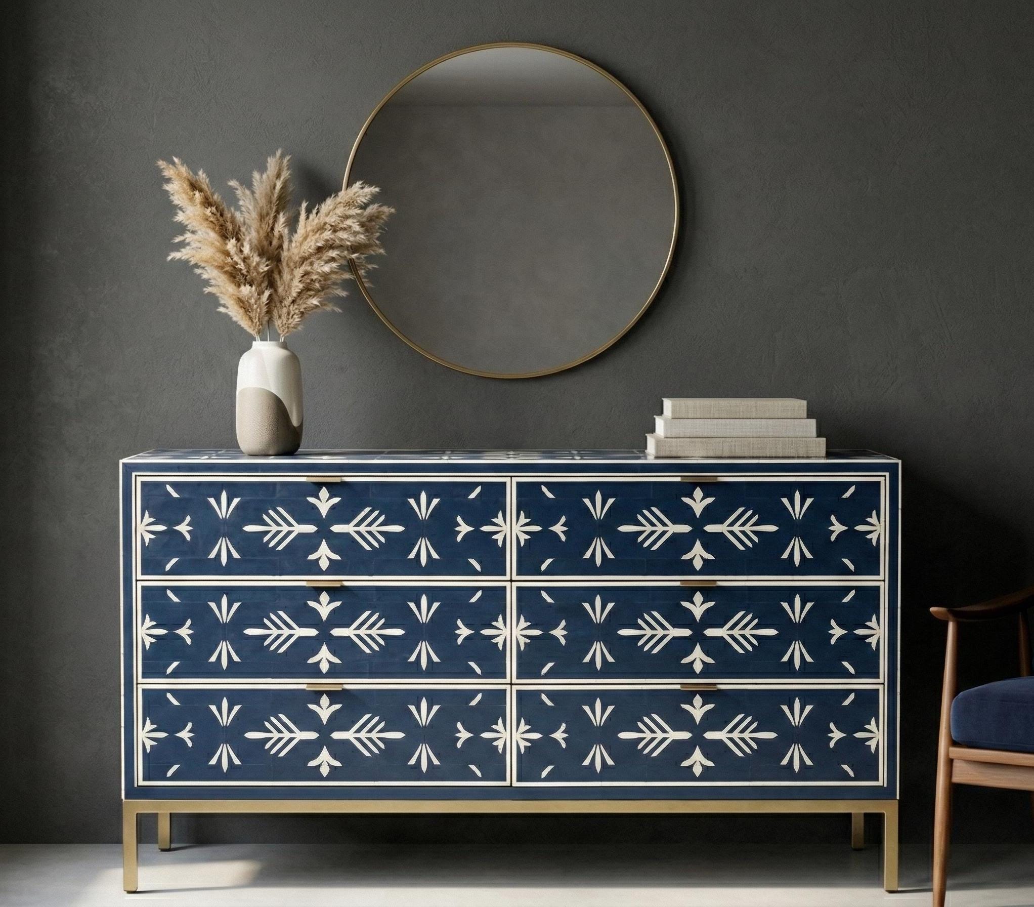 Navy Blue Bone Inlay Dresser – Handmade Minimal Pattern Modern Storage Cabinet unique