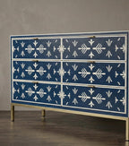 Navy Blue Bone Inlay Dresser – Handmade Minimal Pattern Modern Storage Cabinet unique