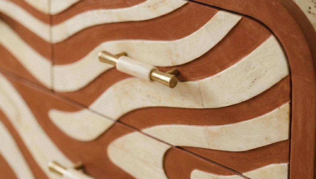 Terracotta bone inlay dresser with wavy organic pattern and curved modern design , luxury dresser