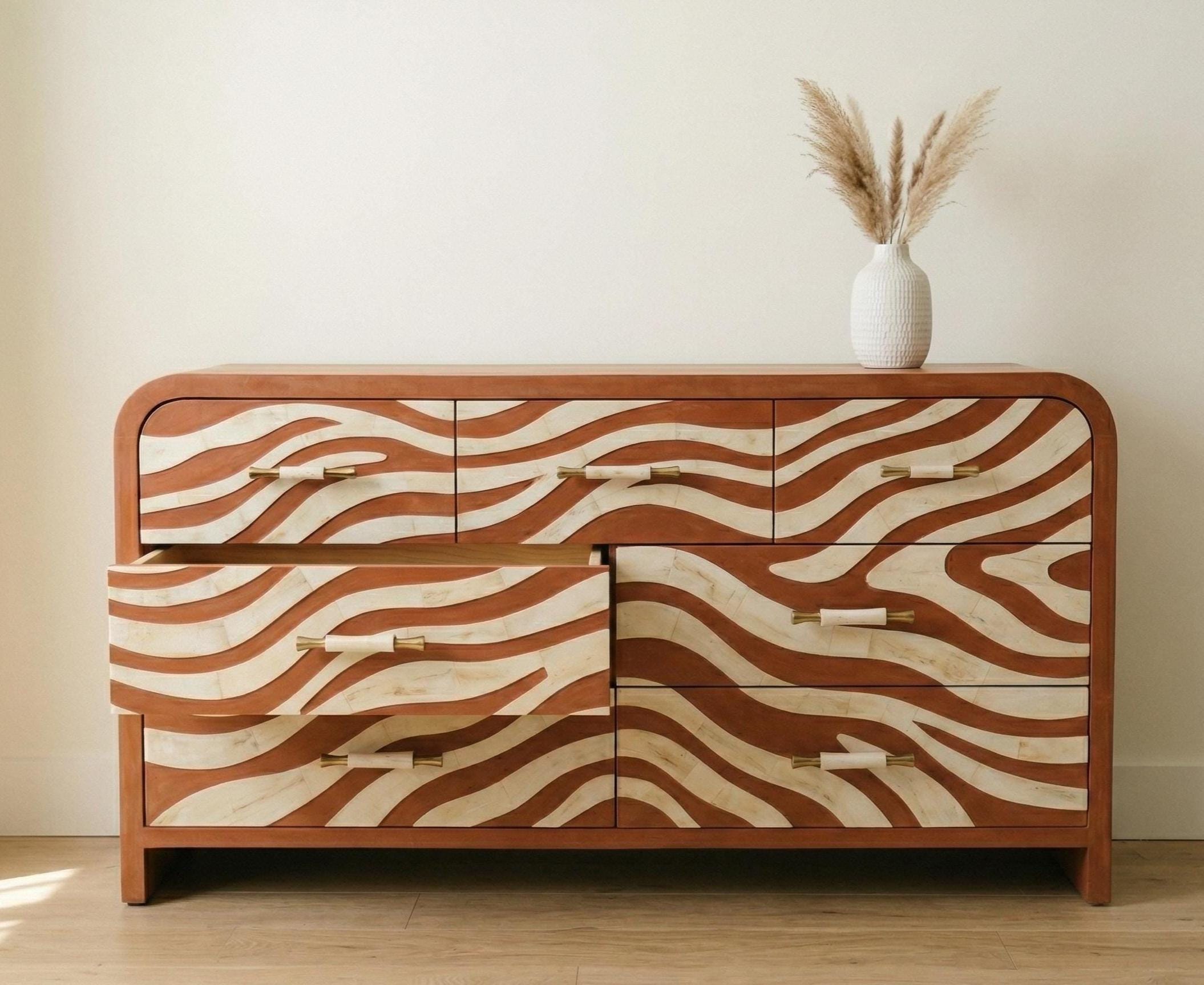 Terracotta bone inlay dresser with wavy organic pattern and curved modern design , luxury dresser