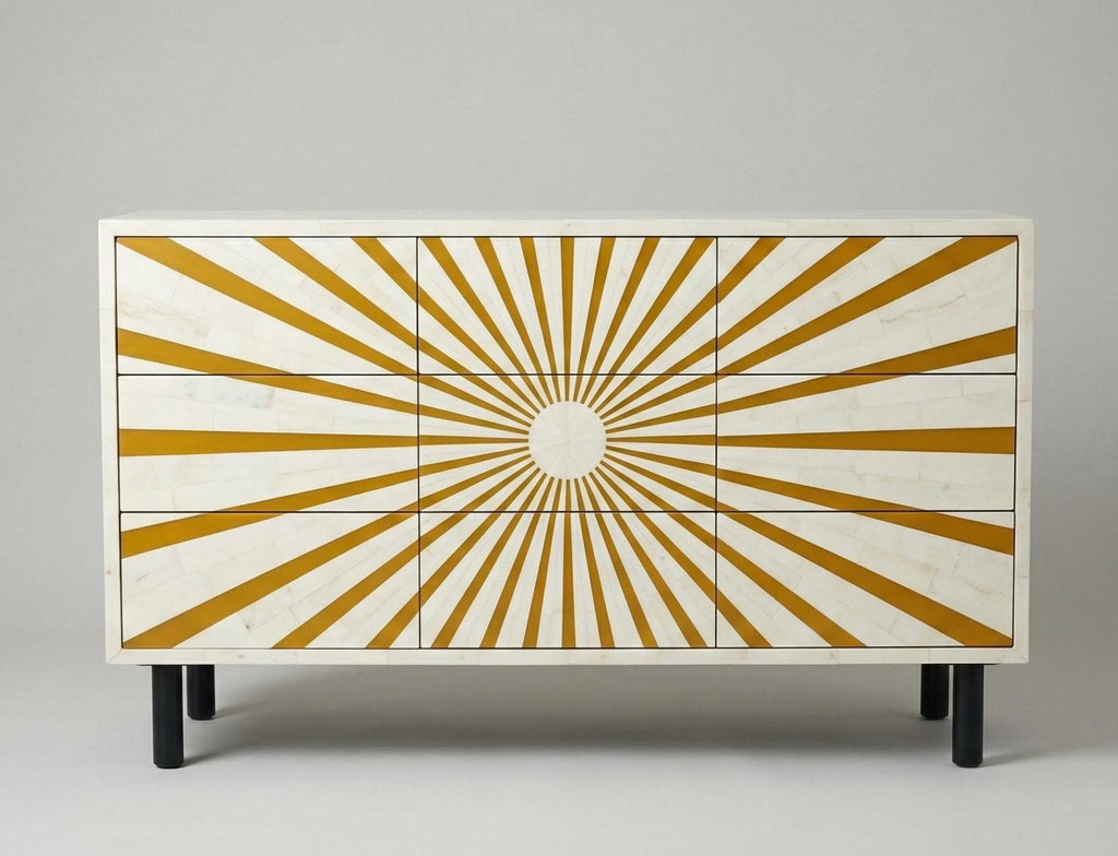 Mustard Bone Inlay Dresser – Sunburst Pattern Handmade Modern Storage luxury cabinet antique armoires